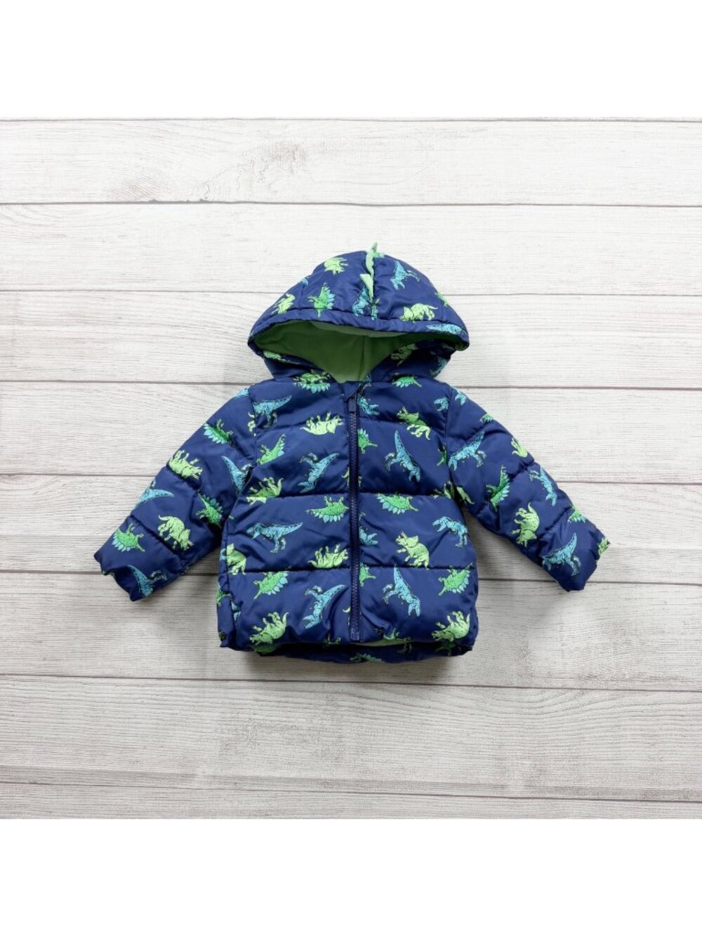 Old Navy Dinosaur Print Puffer Jacket Toddler Water Resistant Blue 6-12 Months